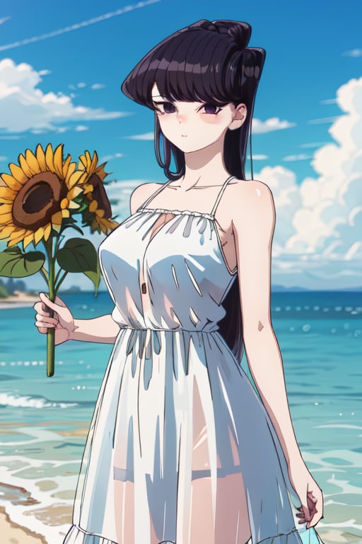 1girl, solo, long hair, breasts, looking at viewer, blush, bangs, black hair, hair ornament, dress, holding, bare shoulders, closed mouth, standing, purple eyes, collarbone, flower, outdoors, sky, sleeveless, day, cloud, hair flower, water, white dress, blue sky, see-through, sleeveless dress, ocean, beach, yellow flower, sand, sun, sunflower, sundress, holding hair, semi-transparent dress, komi shouko,SK,komi_shouko,3D