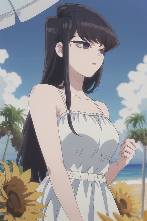 1girl, solo, long hair, breasts, looking at viewer, blush, bangs, black hair, hair ornament, dress, holding, bare shoulders, closed mouth, standing, purple eyes, collarbone, flower, outdoors, sky, sleeveless, day, cloud, hair flower, water, white dress, blue sky, see-through, sleeveless dress, ocean, beach, yellow flower, sand, sun, sunflower, sundress, holding hair, komi shouko,SK,komi_shouko