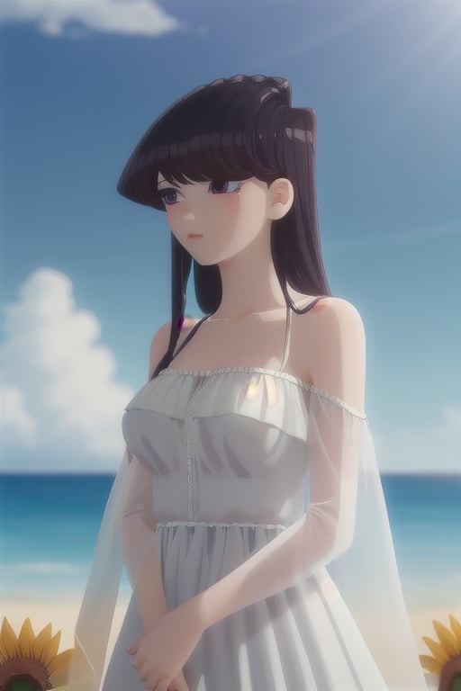 1girl, solo, long hair, breasts, looking at viewer, blush, bangs, black hair, hair ornament, dress, holding, bare shoulders, closed mouth, standing, purple eyes, collarbone, flower, outdoors, sky, sleeveless, day, cloud, hair flower, water, white dress, blue sky, see-through, sleeveless dress, ocean, beach, yellow flower, sand, sun, sunflower, sundress, holding hair, semi-transparent dress, komi shouko,SK,komi_shouko,3D