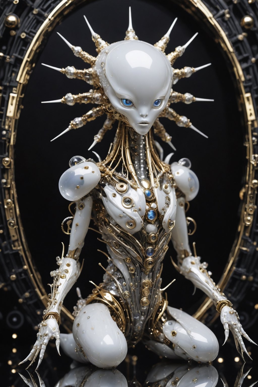 A striking and otherworldly robotic alien,  its form crafted from an intriguing blend of pearlescent Porcelyn and soft,  t...