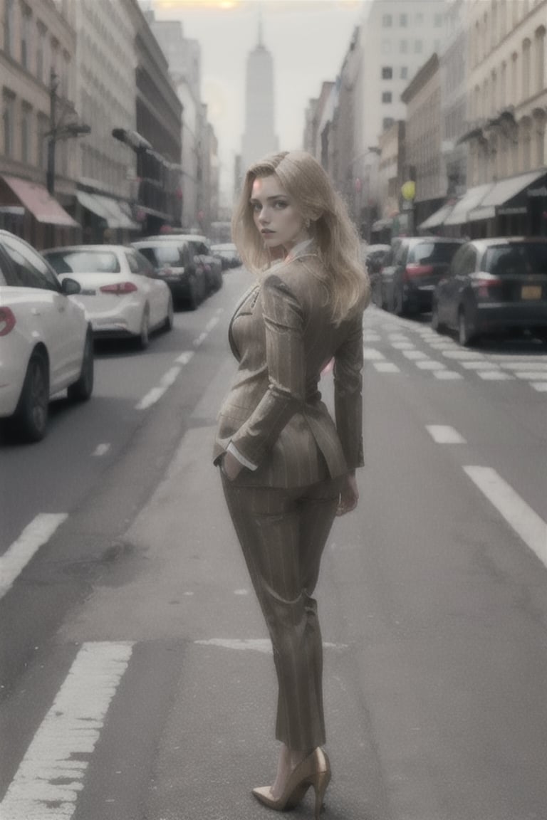 26-year-old career woman from New York,
little bit of feminine muscle,
Full body shot,
natural lighting on your face,
Women's striped suit_high heels,
Blond hair that's neatly organized,
Bronze all-back hair,
realistic photographic effect,
background of downtown New York,
ellafreya,Realism,Detailedface