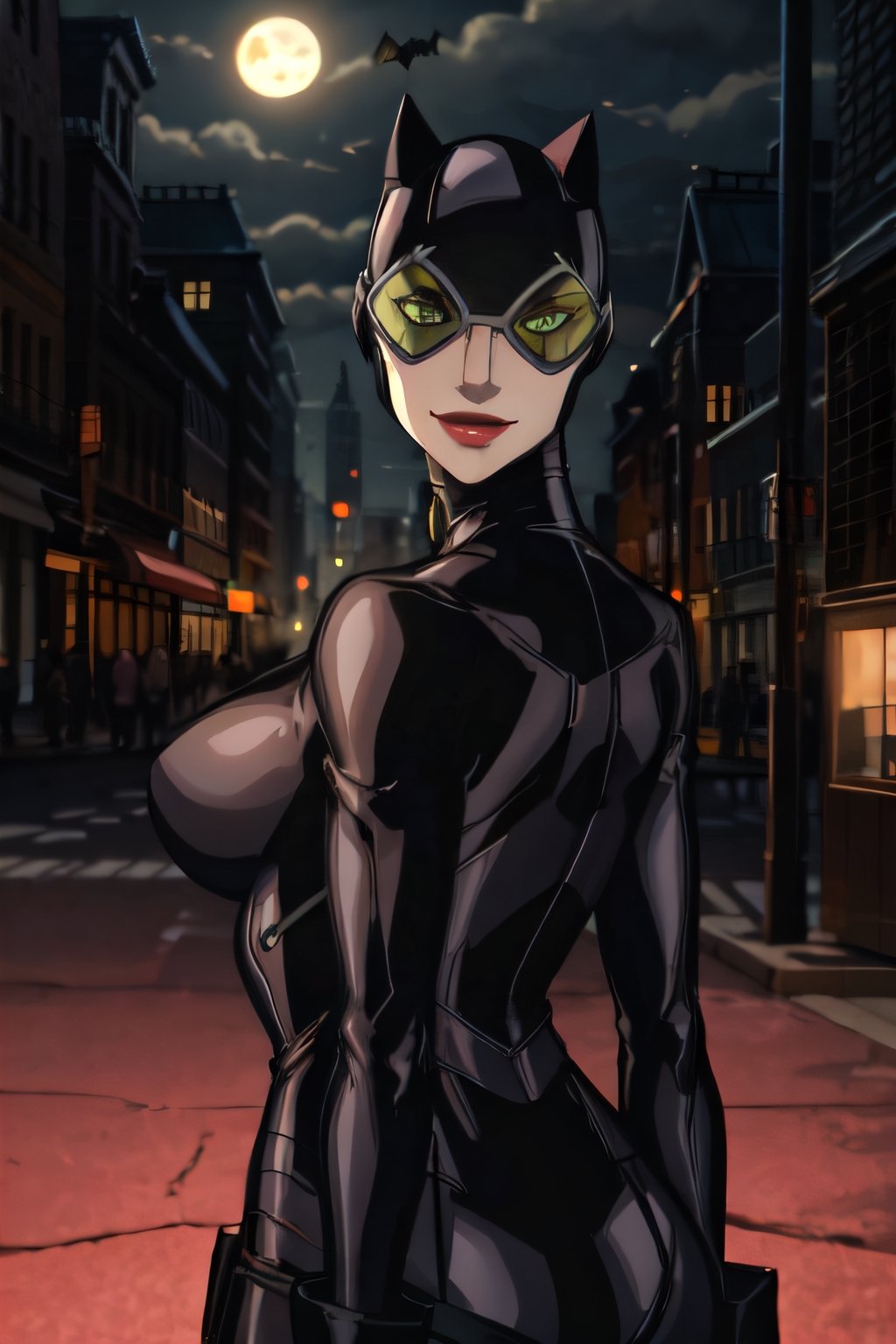 CARTOON_catwoman_masked_ownwaifu,facial portrait,sexy stare,smirked,on top of building,cloudy sky,full moon,streets below,bats flying,butt shot