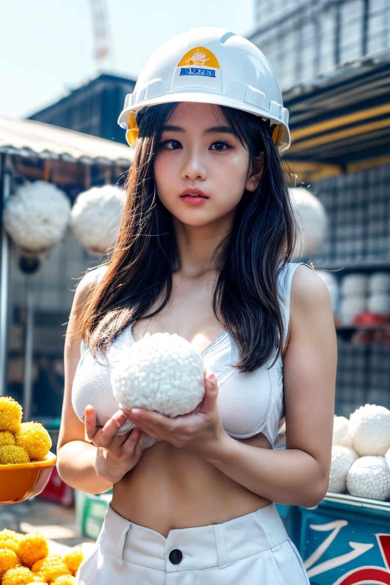 ((Young taiwanese Female wearing bra without clothes and holding large white rice balls at her hands)), ((wearing safety helmet and vest )), (((large white riceball in white colour in the hawker stall ))),（((large breast and cleveage))),(((construction site background))),Exquisite details and textures, cinematic shot, Warm tone, wide shot , 