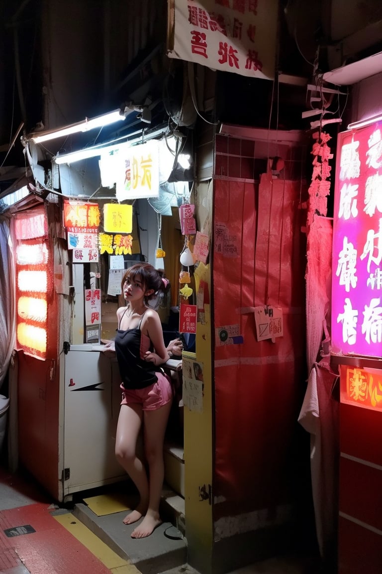 1 girl, wearing camisole and staying in Hk141, dark corrridor,pink fluorescent tube lighting