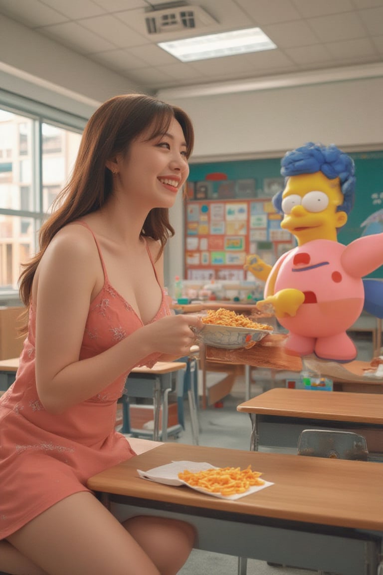 A scene in a kindergarten classroom showing a real young woman laoliang wearing low cut camisole and miniskirt with long wavy brown hair smiling as she brings a bowl of cup noodle to an animated Kirby, animated kirby and animated simpson inside classroom, lego bricks on ground 