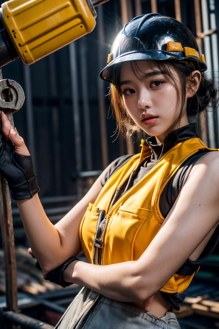 ((Young taiwanese Female wearing safety vest without clothes and bending a thick curved steel bar in construction site)), ((safety helmet and vest )),(((right hand is bending a thick curved bended steel bar))),Exquisite details and textures, cinematic shot, Warm tone, wide shot , 