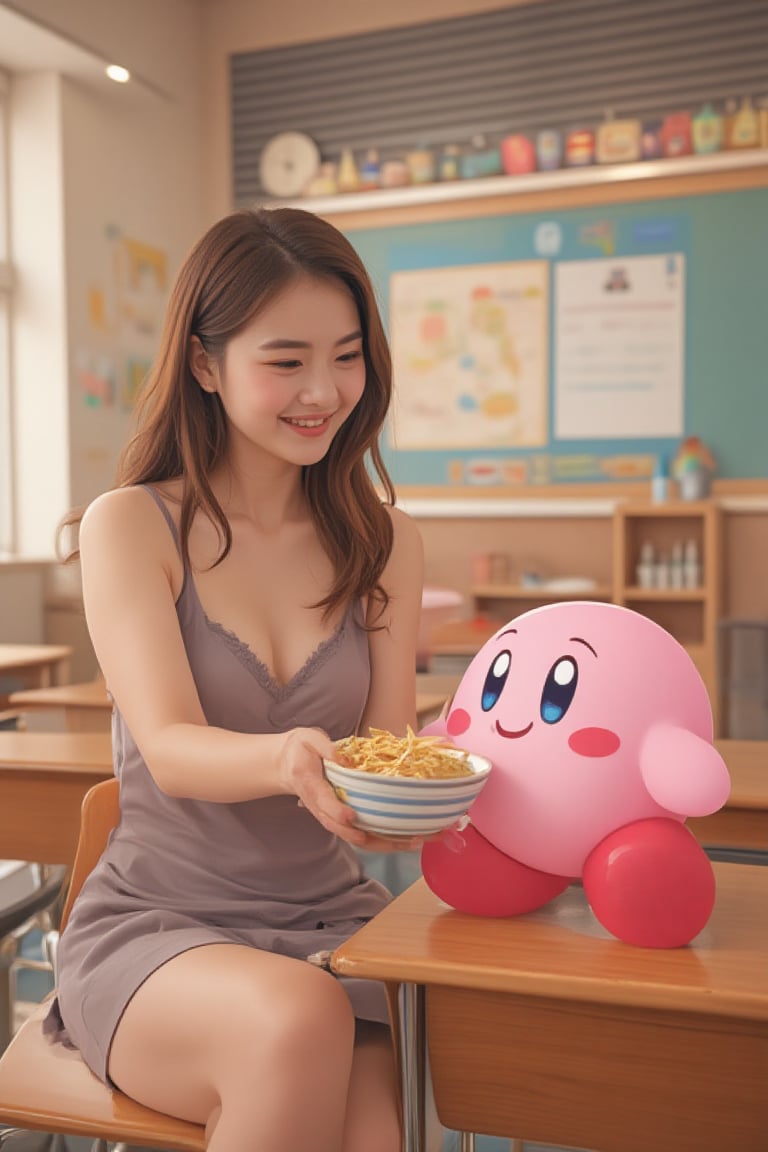 A scene in a kindergarten classroom showing a real young woman laoliang wearing low cut camisole and miniskirt with long wavy brown hair smiling as she brings a bowl of cup noodle to an animated Kirby