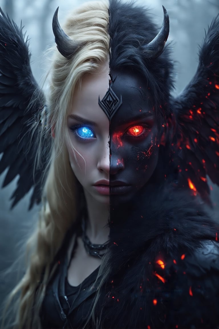 awesome logo of a hacker group using nordic symbols such as BULL, Fenrir, dark fur, RED eyes, 4K, UHD, masterpiece ,A striking figure stands at the center, divided evenly down the middle. One half embodies an angelic presence with blonde hair, bright blue eye, and white feathery wings, while the other half exudes a demonic essence with dark, charred skin, burning red eye, black, leathery wings, and fiery horn. The surroundings are a forest with a muted, mystical light, adding an otherworldly atmosphere. The figure’s expression is intense and enigmatic, perfectly balancing light and dark.