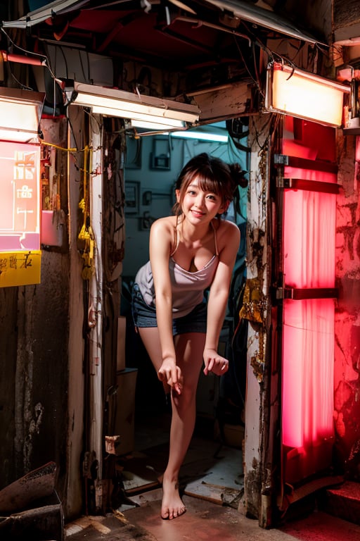 1 girl, wearing low cut camisole, dark corrridor,pink fluorescent tube lighting, ((hk141)), dark, narrow corridor with door, dark lighting, sticky notes on door, dirty old floor, leaning at wall and door open , welcoming smile, indoor