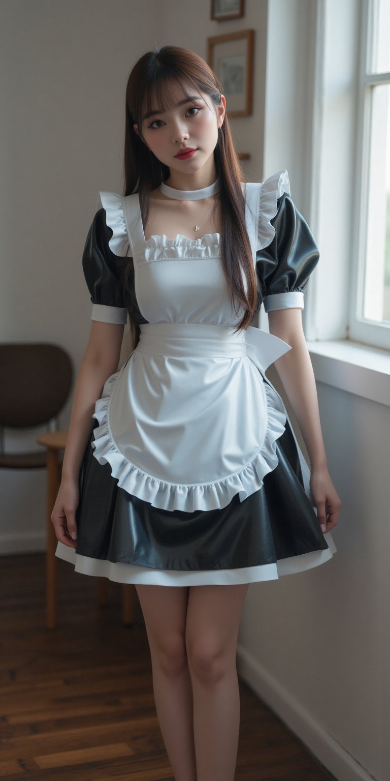 v4n3ss4, realistic, photograph of a chinese woman standing, wearing a latex maid outfit, kawaii, facing viewer,laoliang