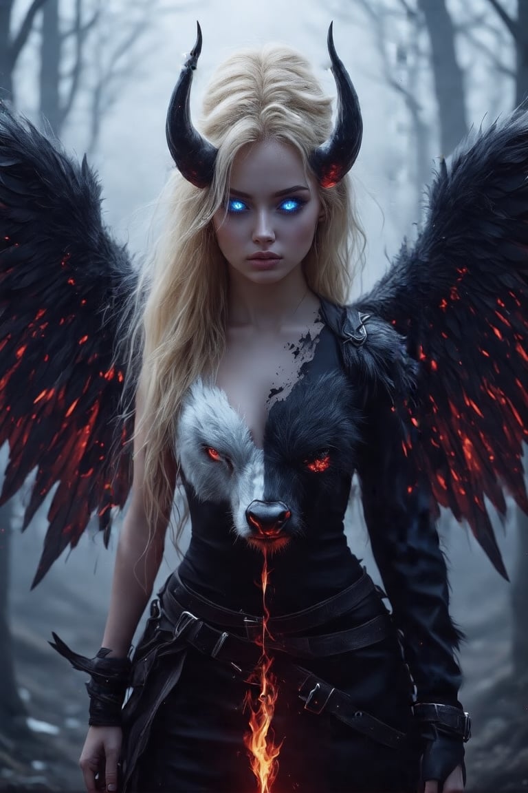 awesome logo of a hacker group using nordic symbols such as BULL, Fenrir, dark fur, RED eyes, 4K, UHD, masterpiece ,A striking figure stands at the center, divided evenly down the middle. One half embodies an angelic presence with blonde hair, bright blue eye, and white feathery wings, while the other half exudes a demonic essence with dark, charred skin, burning red eye, black, leathery wings, and fiery horn. The surroundings are a forest with a muted, mystical light, adding an otherworldly atmosphere. The figure’s expression is intense and enigmatic, perfectly balancing light and dark.