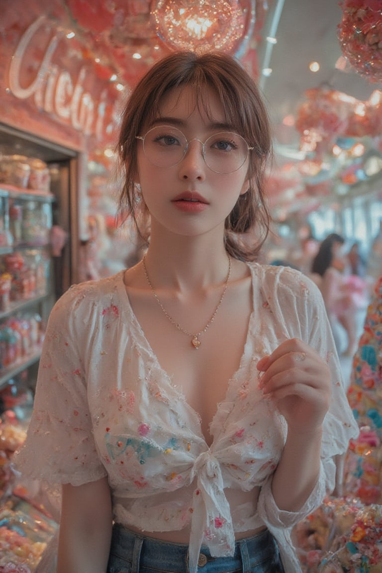 Dinamic photograph of a young Taiwanese woman excited to be in the best candy shop in the world, wearing low cut t-shirt with a word 'Sweet' on shirt, huge breasts and large clevage,Midjourney_Whisper,laoliang, wear glasses,