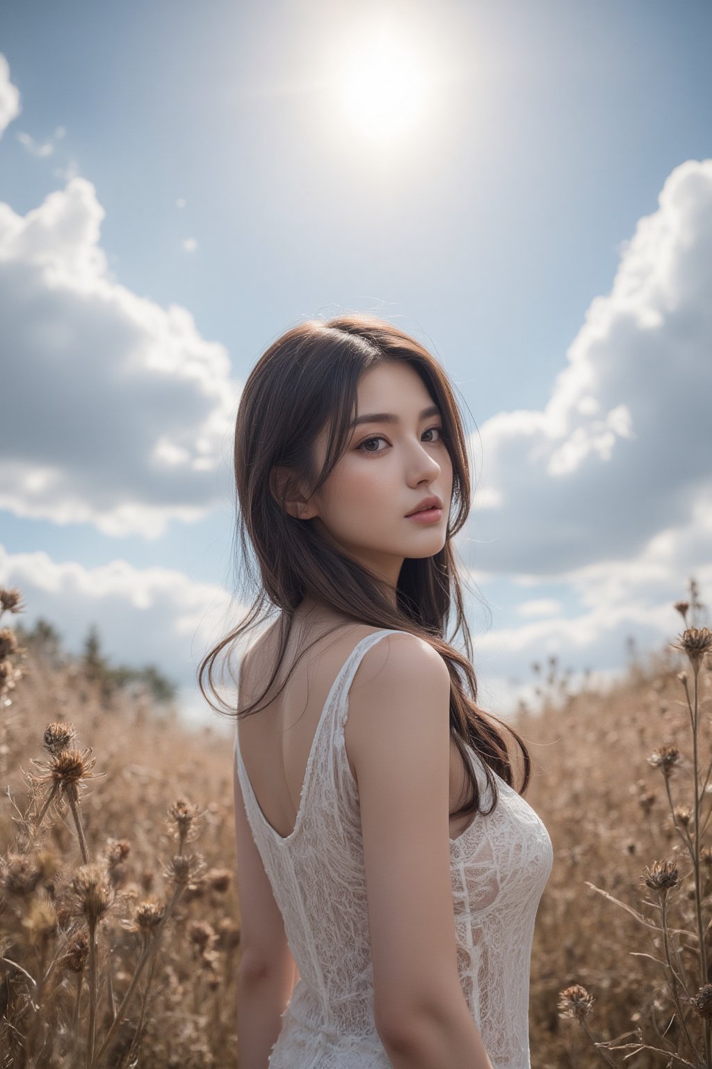 This is a highly detailed digital close-up and tilt shot artwork in a bright fantasy style, intricate tetradic colors in every details, a beautiful 22 years old Chinese girl, looking at viewer, head tilt, leaning forward, A lone girl with wavy black hair, wearing white dress, stands in windy flower field with grass, sun glare, heavenly cloudy sky, (clouds spiral:0.8), a macabre tapestry of clouds reaching towards viewer, falling petals, light cascading from an unseen aperture above. A low camera angle emphasizes the girl's with the overwhelming warm vibes.,laoliang