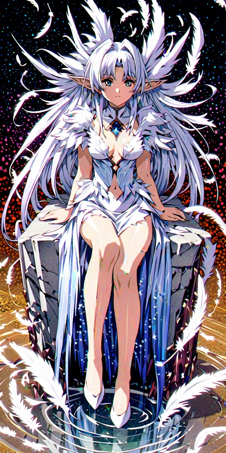 Masterpiece, top quality, arafed girl in a blue dress sitting on the floor that full of white feathers, ethereal beauty, wearing a feather dress, ethereal fantasy, xianxia fantasy, ethereal fairytale, dress made of feathers, blue feathers, incredibly ethereal, soft feather, fantasy beautiful, full body made of white feathers, white feathers, chinese fantasy, a stunning young ethereal figure, extreme detailed, (abstract, fractal art:1.3), isometric, highest detailed, (feather), (bangs), ghost, more detail XL