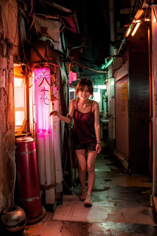 1 girl, wearing low cut camisole, dark corrridor,pink fluorescent tube lighting, ((hk141)), dark, narrow corridor with door, dark lighting, sticky notes on door, dirty old floor, leaning at wall and door open , welcoming smile, indoor