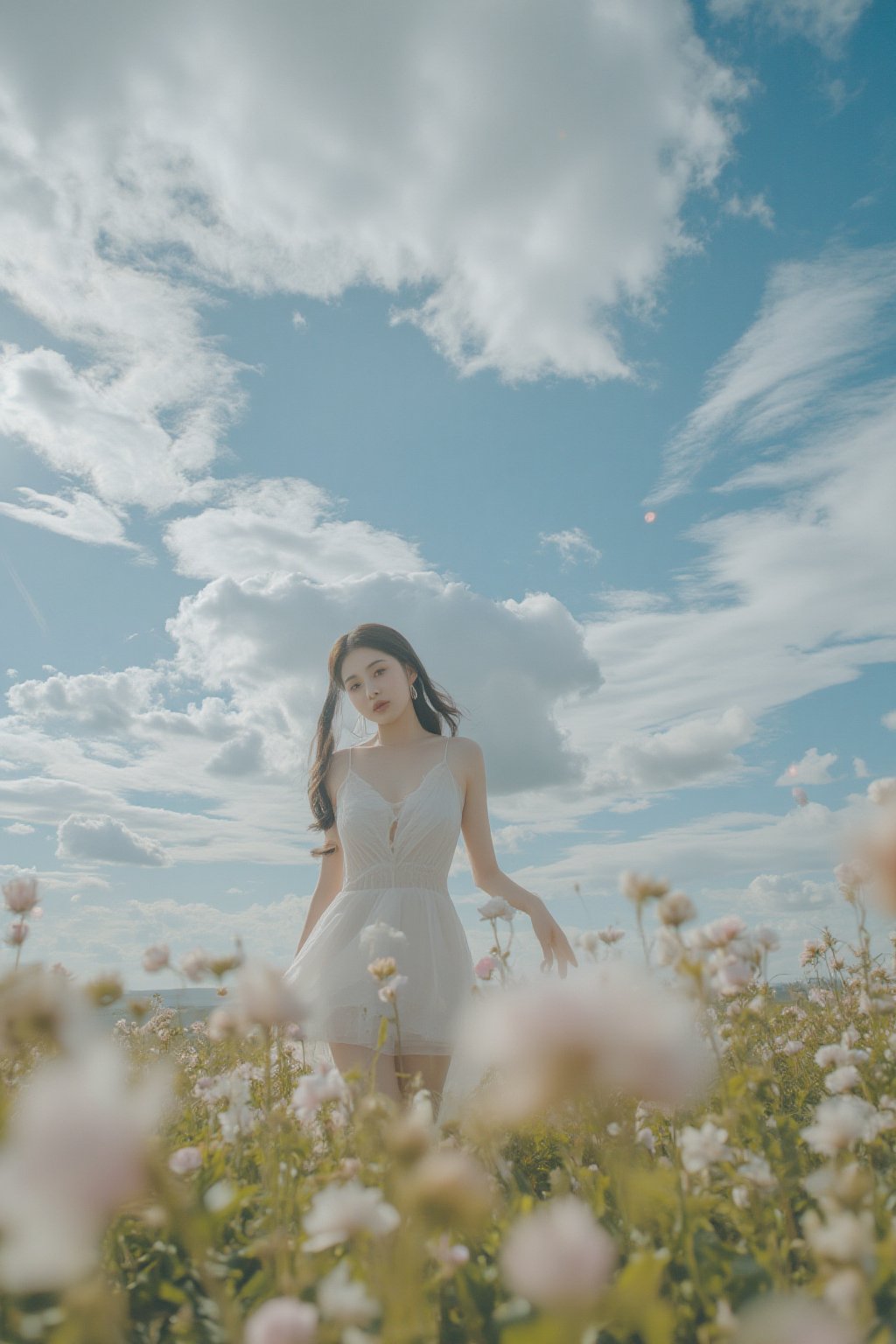 This is a highly detailed digital close-up and tilt shot artwork in a bright fantasy style, intricate tetradic colors in every details, a beautiful 22 years old Chinese girl, looking at viewer, head tilt, leaning forward, A lone girl with wavy black hair, wearing white dress, stands in windy flower field with grass, sun glare, heavenly cloudy sky, (clouds spiral:0.8), a macabre tapestry of clouds reaching towards viewer, falling petals, light cascading from an unseen aperture above. A low camera angle emphasizes the girl's with the overwhelming warm vibes.,laoliang, large cleavage 