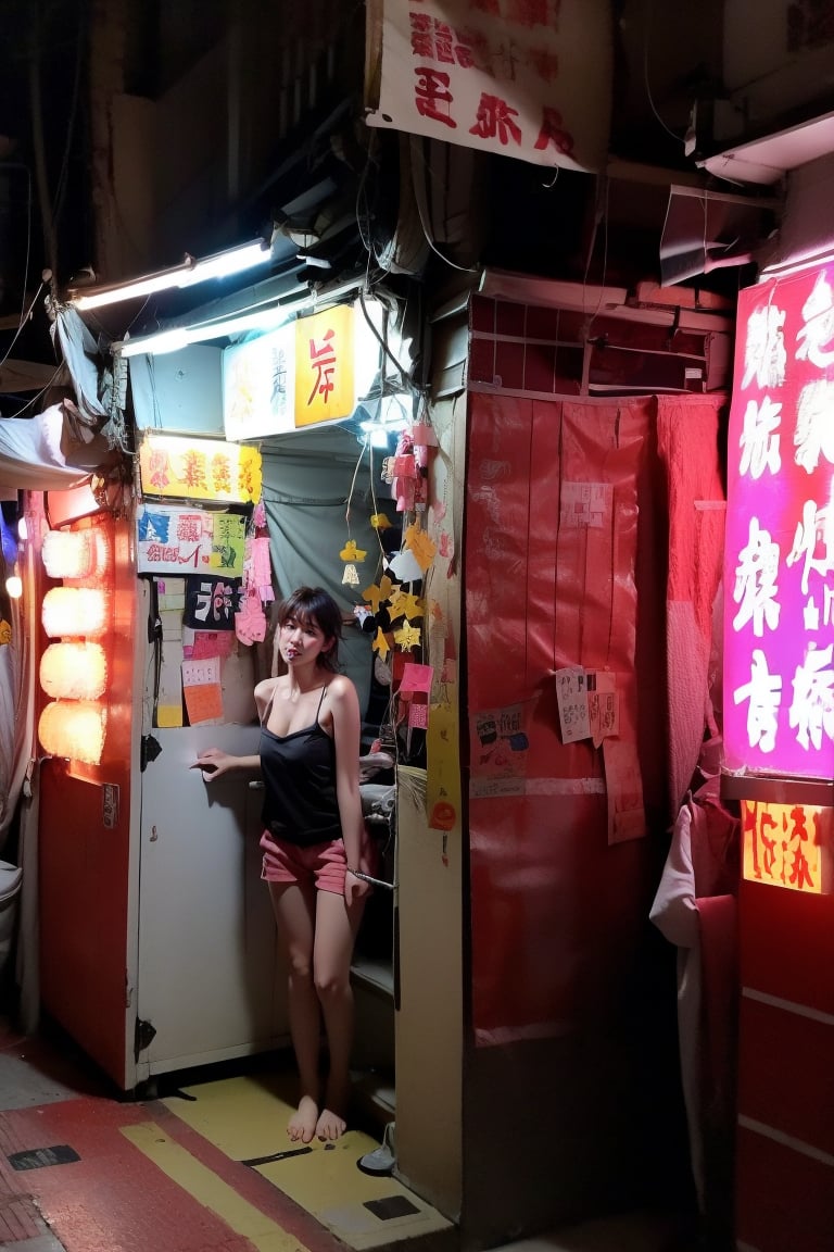 1 girl, wearing camisole and staying in Hk141, dark corrridor,pink fluorescent tube lighting