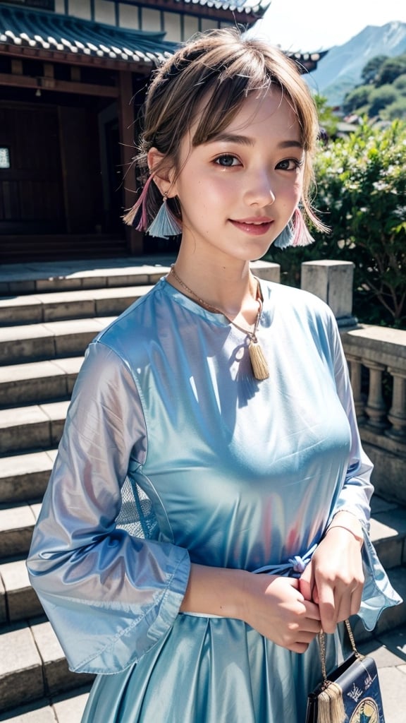 , euladef, upper body, smile, blush, outdoors, day, simple background, blue sky, short hair, sky, temple, looking at viewer, stairs, mountain, moody lighting,,kamisato_ayaka, kamisato ayaka, hand fan