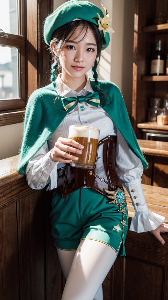 (masterpiece, best quality:1.2), solo, male focus, 1boy, ventidef, smile, looking at viewer, holding beer mug, beret, hat flower, white shirt, bow, long sleeves, frilled sleeves, corset, cape, green shorts, white pantyhose, jewelry, brooch, indoors, bar \(place\) 
,ventidef,High detailed , cowboy_shot, cow_girl_position,22yo, 