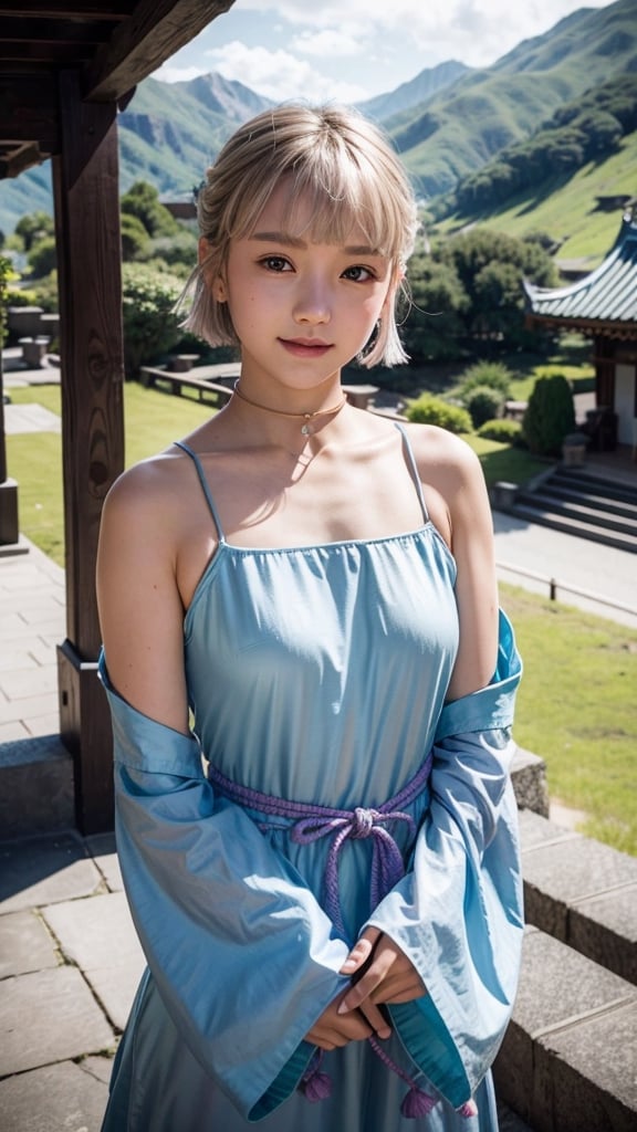 , euladef, upper body, smile, blush, outdoors, day, simple background, blue sky, short hair, sky, temple, looking at viewer, stairs, mountain, moody lighting,,kamisato_ayaka, kamisato ayaka, arm guards