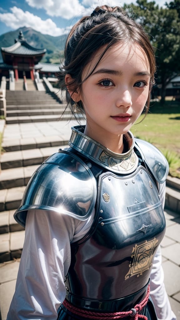 , euladef, upper body, smile, blush, outdoors, day, simple background, blue sky, short hair, sky, temple, looking at viewer, stairs, mountain, moody lighting,,kamisato_ayaka, kamisato ayaka,  japanese armor