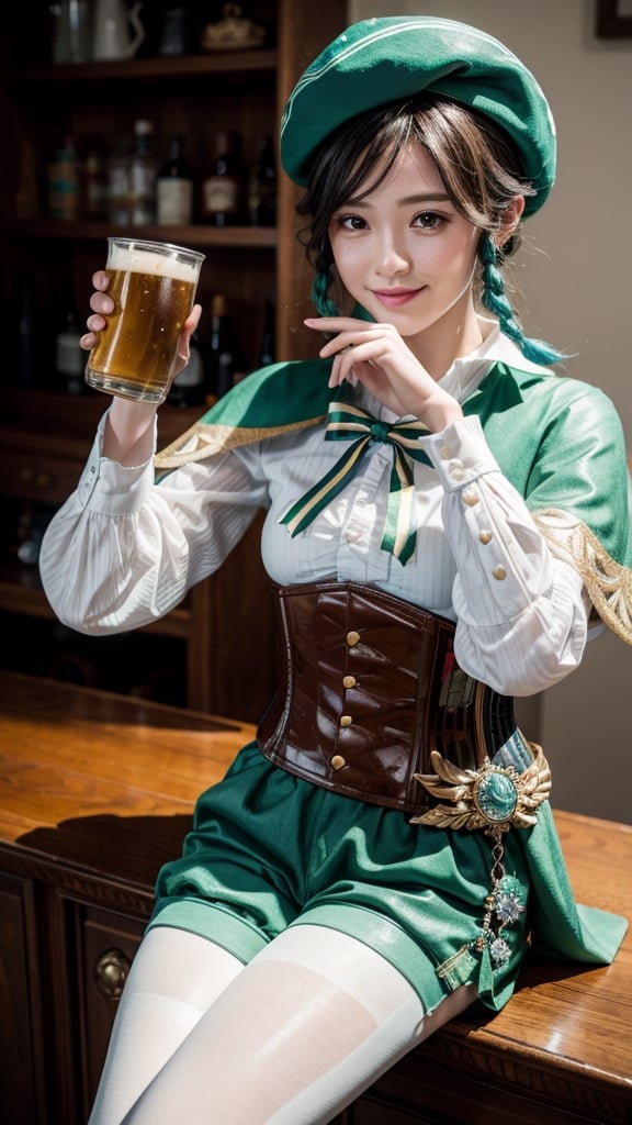 (masterpiece, best quality:1.2), solo, male focus, 1boy, ventidef, smile, looking at viewer, holding beer mug, beret, hat flower, white shirt, bow, long sleeves, frilled sleeves, corset, cape, green shorts, white pantyhose, jewelry, brooch, indoors, bar \(place\) 
,ventidef,High detailed , 22yo, 