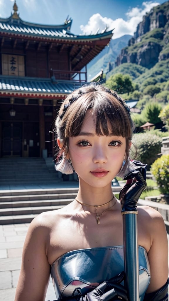 , euladef, upper body, smile, blush, outdoors, day, simple background, blue sky, short hair, sky, temple, looking at viewer, stairs, mountain, moody lighting,,kamisato_ayaka, kamisato ayaka,  fingerless gloves