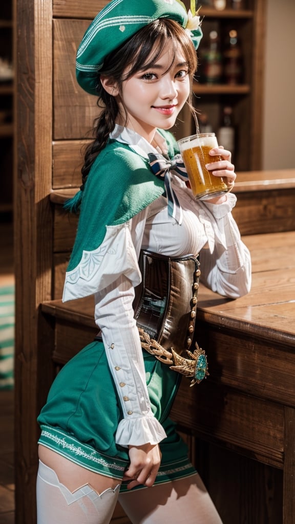 (masterpiece, best quality:1.2), solo, male focus, 1boy, ventidef, smile, looking at viewer, holding beer mug, beret, hat flower, white shirt, bow, long sleeves, frilled sleeves, corset, cape, green shorts, white pantyhose, jewelry, brooch, indoors, bar \(place\) 
,ventidef,High detailed , cowboy_shot, cow_girl_position,22yo, 