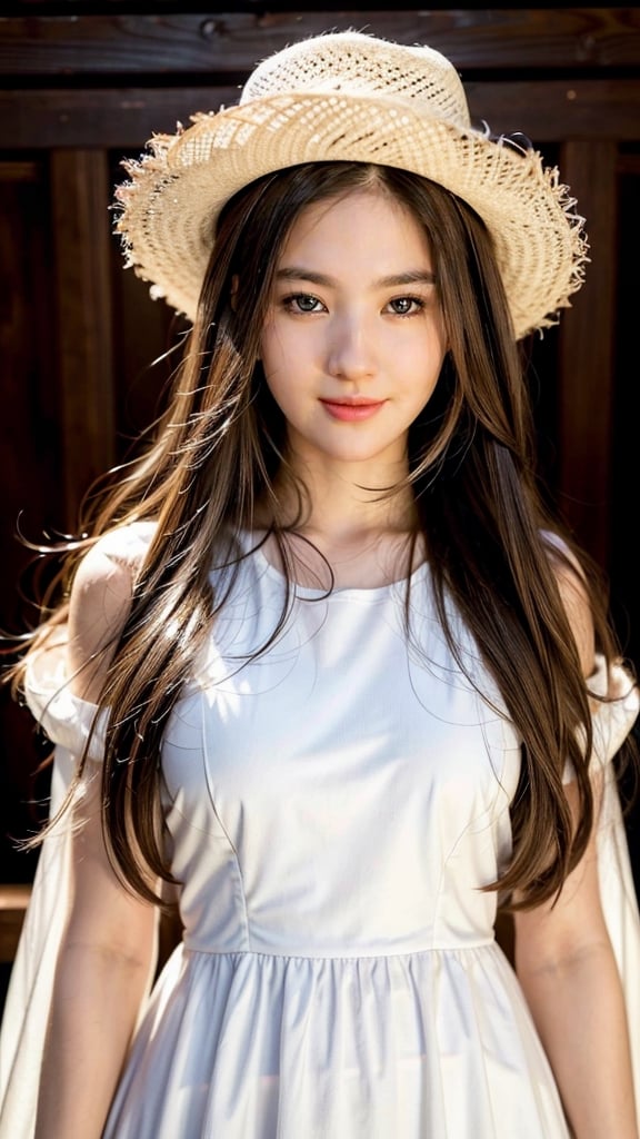 beautiful girl happy, clear white dress, longhair , brown hair, realistic , picture, cowboy_shot,shy, smile, upper_body,Detailedface