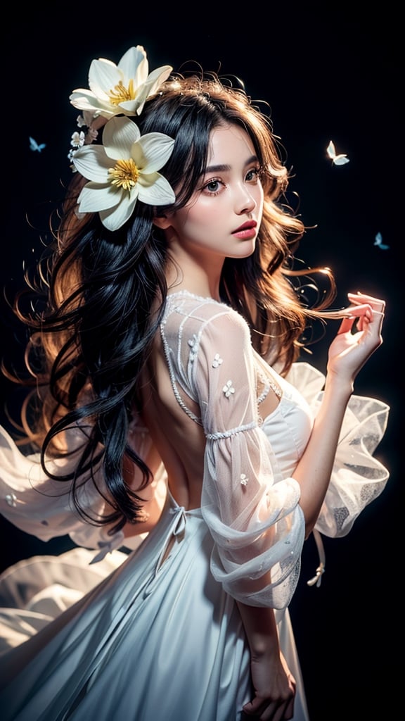 beautiful detailed flower, beautiful detailed eyes,hyper detailed,flower,hyper quality,,eyes,flower and hair is same color,beautifuly color,face,{{{{{her hair is becoming flower, flower,hair,flower,butterfly,}}}}},{{{{1girl}}}}kawaii,,{{{high details, high quality}}},{{{back light}}},{{hair and clothes is flower}},{{{upper body}}} ,high quality,hair with body ,webbed dress, upper body, flower leg, flower hands,body with flower, {{ flower with clothes}} , dress with flower, , light particles,black background, {{{{Hair with flower}}}},small breast with flower,big hair with flower,{{floating hair with flower,floating}}1girl,small breast, marbling with hair and clothes, looking at viewer,{{original}},{{arm down}}, {{paper cutting}}, black background, flower forground, {{hair with flower}},{{{{{highres}}}},} hair with flower,hair with flower ,hair, wavy hair ,diffusion lighting, abstract,Butterfly with body, flower with hair, her hair is flower,big top sleeves, floating
