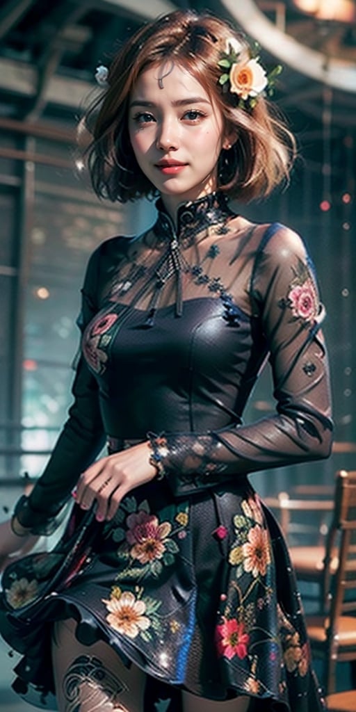 ((best quality)), ((highly detailed)), masterpiece,  (cowboy shot), nobara kugisaki, brown eyes, lips, seductive lips, floral print, rose print, dress, long sleeves, skirt, see-through sleeves, (dancing:1.2),((black dress)), print dress, black skirt, nail polish, scenery, chandelier,(ballroom:1.3), intricately detailed, hyperdetailed, blurry background, depth of field, best quality, masterpiece, intricate details, tonemapping, sharp focus, hyper detailed, trending on Artstation, 1 girl, high res, 16K, realistic ,solo_female, smile,photorealistic,High detailed 