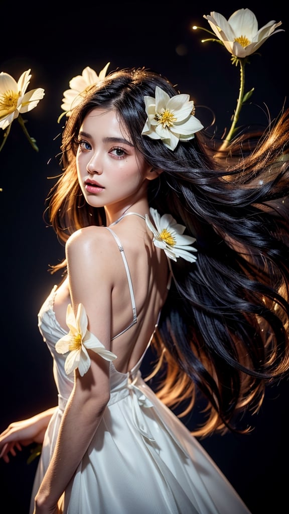 beautiful detailed flower, beautiful detailed eyes,hyper detailed,flower,hyper quality,,eyes,flower and hair is same color,beautifuly color,face,{{{{{her hair is becoming flower, flower,hair,flower,butterfly,}}}}},{{{{1girl}}}}kawaii,,{{{high details, high quality}}},{{{back light}}},{{hair and clothes is flower}},{{{upper body}}} ,high quality,hair with body ,webbed dress, upper body, flower leg, flower hands,body with flower, {{ flower with clothes}} , dress with flower, , light particles,black background, {{{{Hair with flower}}}},small breast with flower,big hair with flower,{{floating hair with flower,floating}}1girl,small breast, marbling with hair and clothes, looking at viewer,{{original}},{{arm down}}, {{paper cutting}}, black background, flower forground, {{hair with flower}},{{{{{highres}}}},} hair with flower,hair with flower ,hair, wavy hair ,diffusion lighting, abstract,Butterfly with body, flower with hair, her hair is flower,big top sleeves, floating
