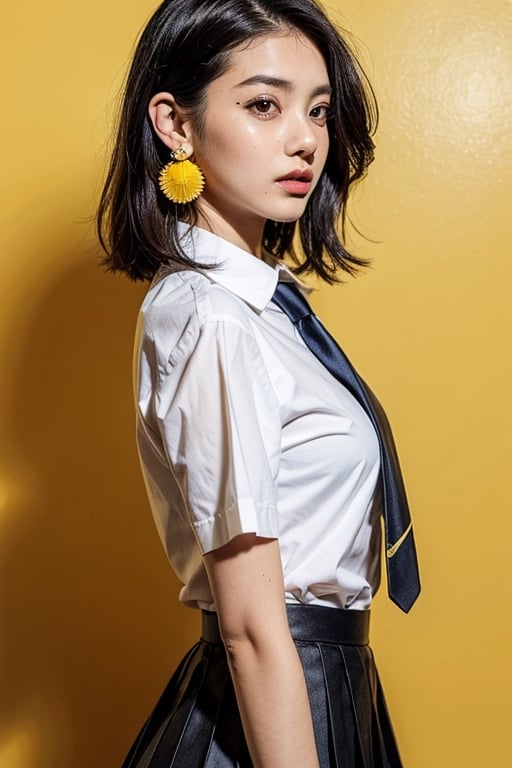 girl in school uniform with black and yellow hair standing in front of yellow background, 1girl, solo, yellow background, short hair, skirt, shirt, black hair, necktie, simple background, white shirt, yellow eyes, black necktie, jewelry, pleated skirt, from side, short sleeves, earrings, collared shirt, shirt tucked
