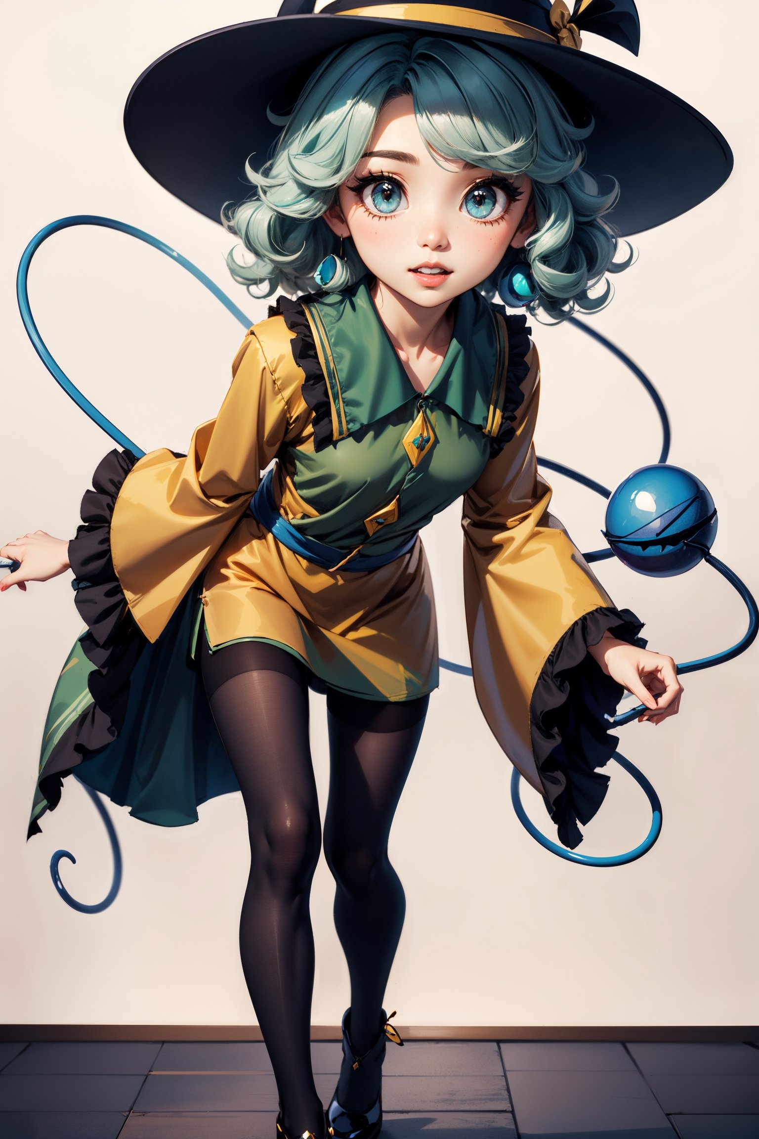 1girl, (full body view from the front), character highlight, (pretty Koishi Komeiji:1.5), simple background, confident positive facial expression, juicy, hyperdetailed hair, perfect alluring eyes, 