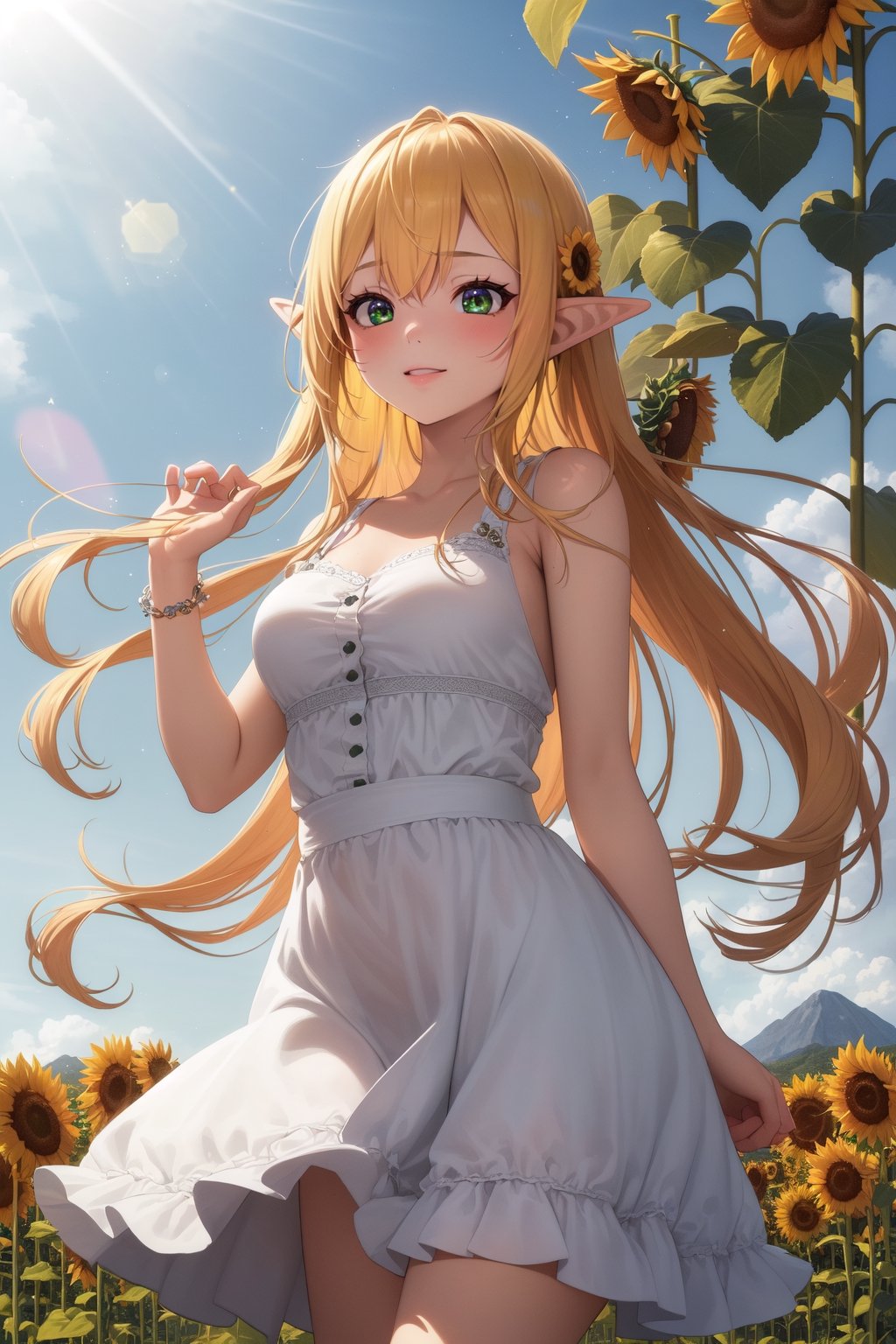 (masterpiece, best quality, highres:1.3), ultra resolution image, (1girl), (solo), kawaii, blonde hair, long flowing hair, elf, emerald eyes, gentle breeze, sunflowers, sunflower field, petal, sparkling magic, (soft sunlight:1.3), fantasy, nature accessories, happy