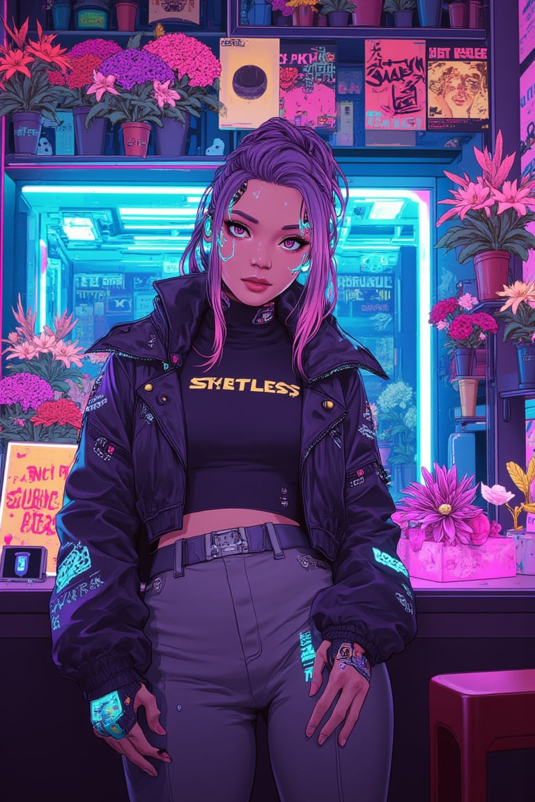 anime,cyberpunk
Trigger Inc style, Cyberpunk 2077, Night City, flower shop owner, unique floral shop, neon floral arrangements, cybernetic enhancements, stylish outfit, vibrant colors, urban jungle, futuristic decor, lively atmosphere