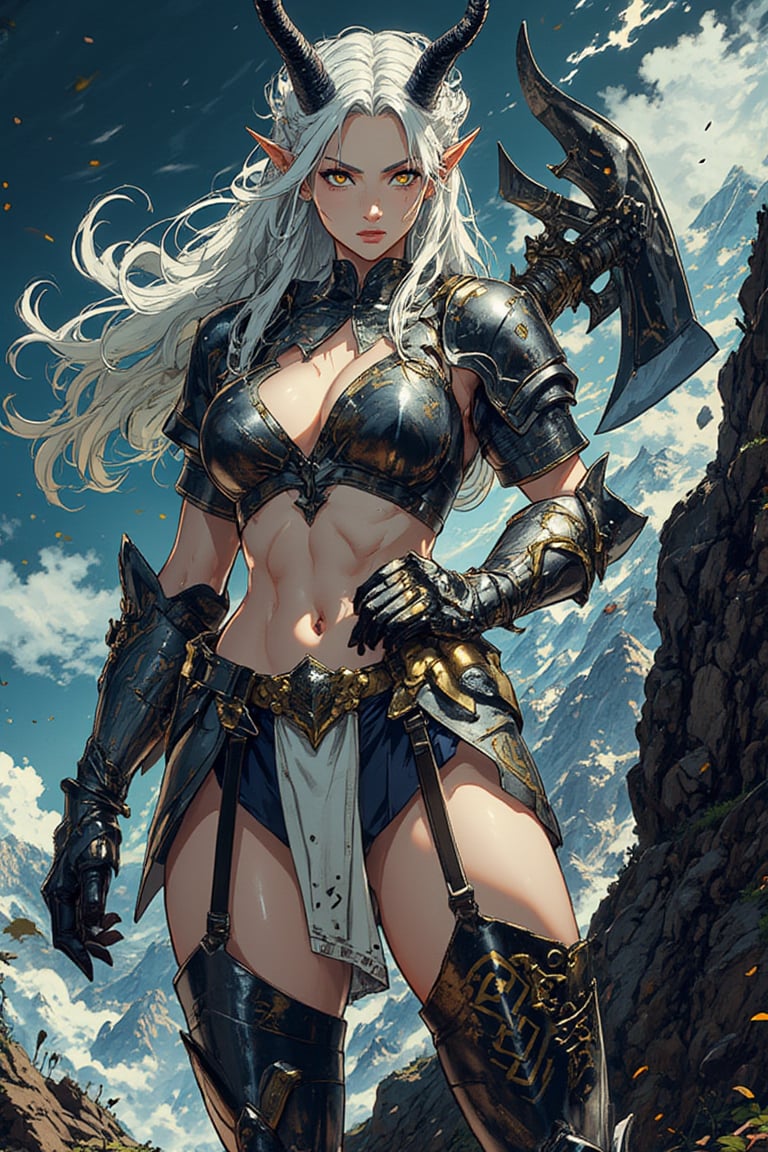 A stunning and powerful female character in a Japanese manga style,  standing at an imposing height of 2 meters,  embodyin...