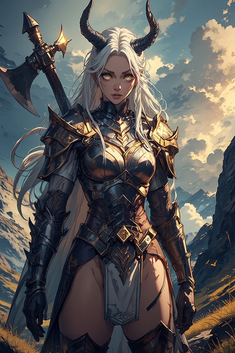 A stunning and powerful female character in a Japanese manga style,  standing at an imposing height of 2 meters,  embodyin...