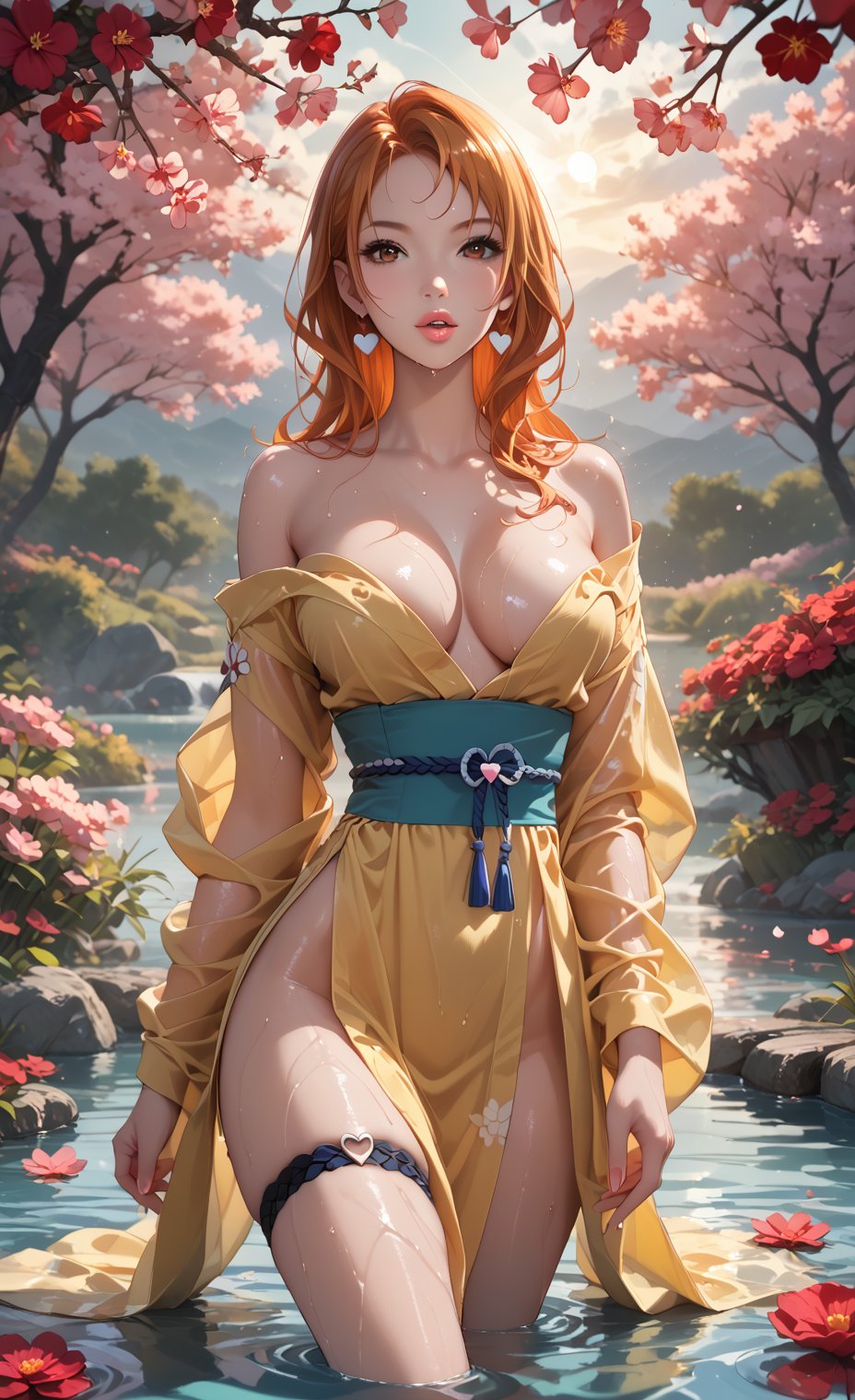 score_9, score_8_up, score_7_up, ultra detailed, 1girl, yellow kimono, off shoulder, solo, heart, curvy, solo, sultry look, romantic sunset, surrounded by red flowers in a flower meadow, walling in a river, wet, cherry blossom, moonlight, thigh strap, dynamic pose, Expressiveh, Nami /(Onepiece)/, brown eyes, orange hair, middle hair, parted_lips, 