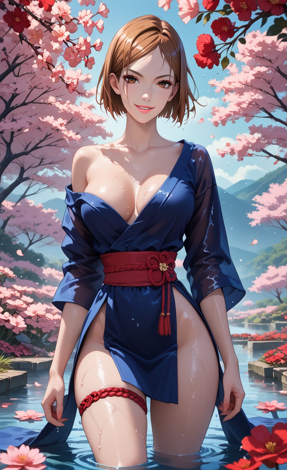 score_9, score_8_up, score_7_up, ultra detailed, 1girl, blue kimono, off shoulder, solo, heart, curvy, solo, sultry look, romantic sunset, surrounded by red flowers in a flower meadow, walling in a river, wet, cherry blossom, moonlight, thigh strap, dynamic pose, Expressiveh, kugisaki nobara /(Jujutsu Kaisen)/, brown hair, brown eyes, short hair, bob cut, evil smile, flutter, eyes widen, eyes opened wide,