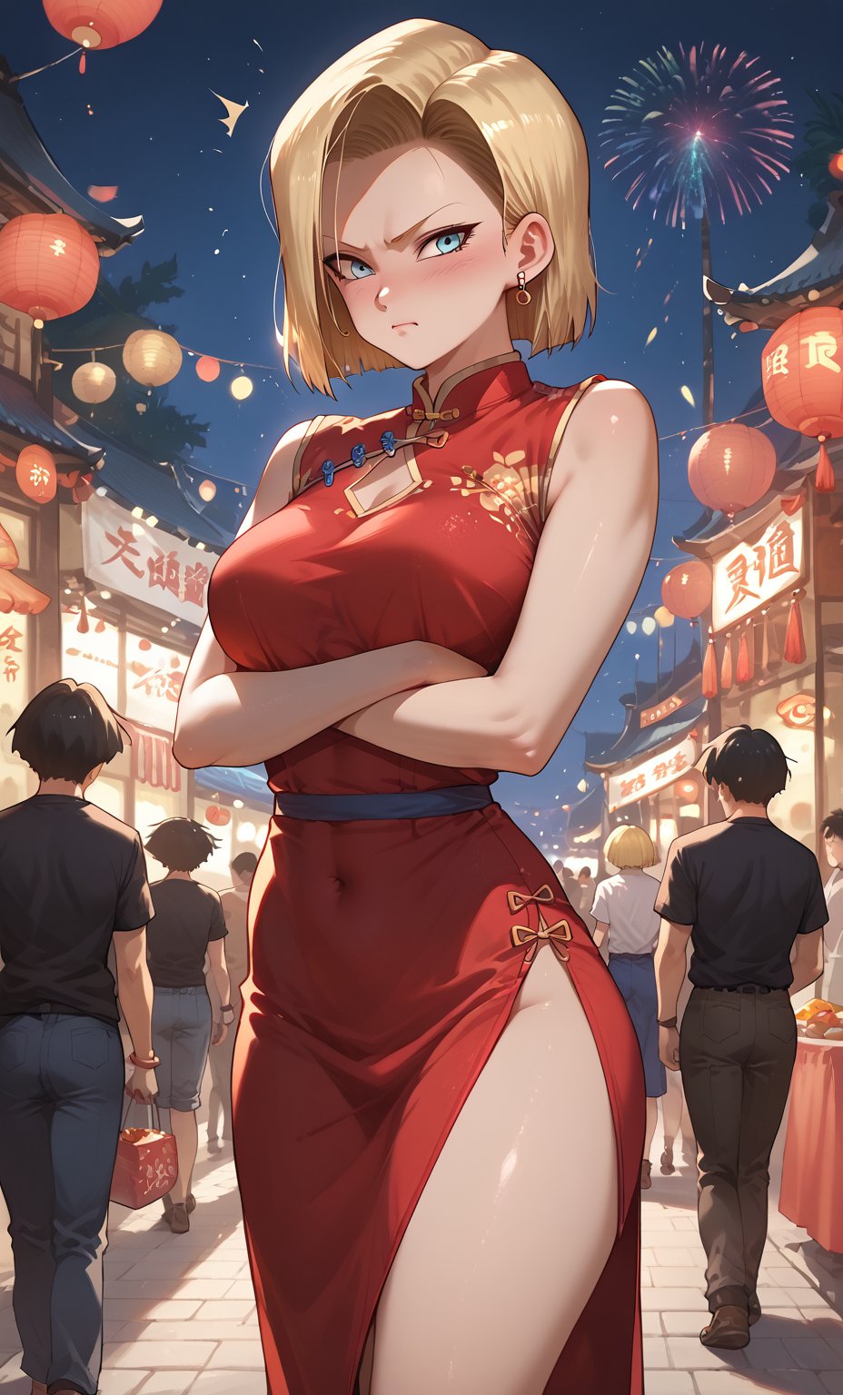 Score_9, Score_8_up, Score_7_up, Score_6_up, Score_5_up, Score_4_up, source_cartoon, perfect anatomy,
1girl, solo, red china dress, china_street, night, festival, firework, short dress,
Android18 /(Dragon Ball)/, blonde hair , blue eyes, short hair, short hair, party, angry, shy, blushing, arms crossed,