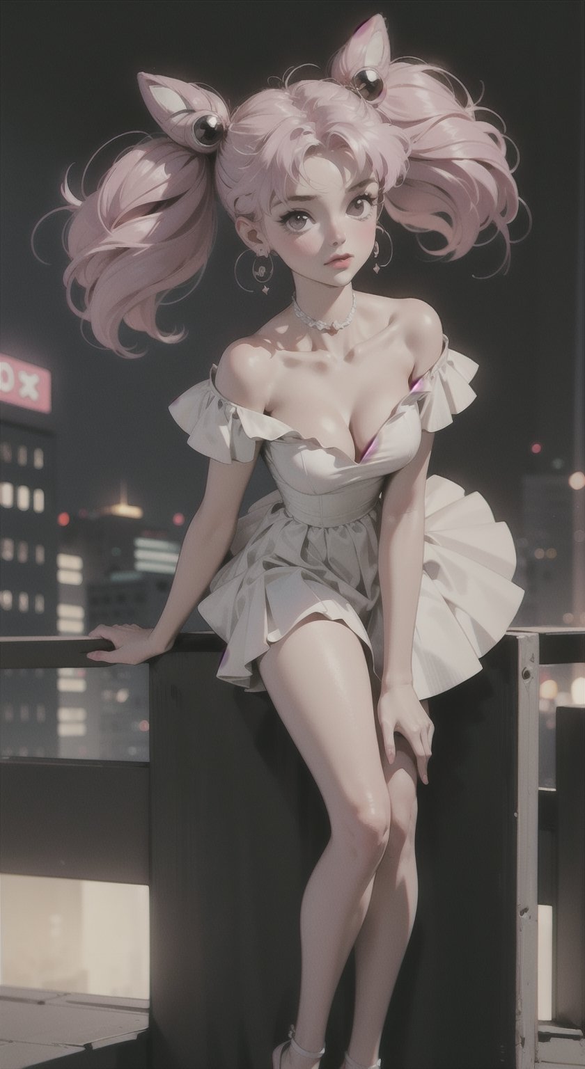 1girl, solo, breasts, dress, cleavage, closed mouth, earrings, sleeveless,
lips, casual dress, armlet, club dress, retro artstyle, city background, portrait, yofukashi background, short skirt, night city, whole body, legs, blurry_light_background,
bzsohee, rooftop, standing, off-shoulder,
dress, small breast, pink hair,
twin tails, sailor moon chibi