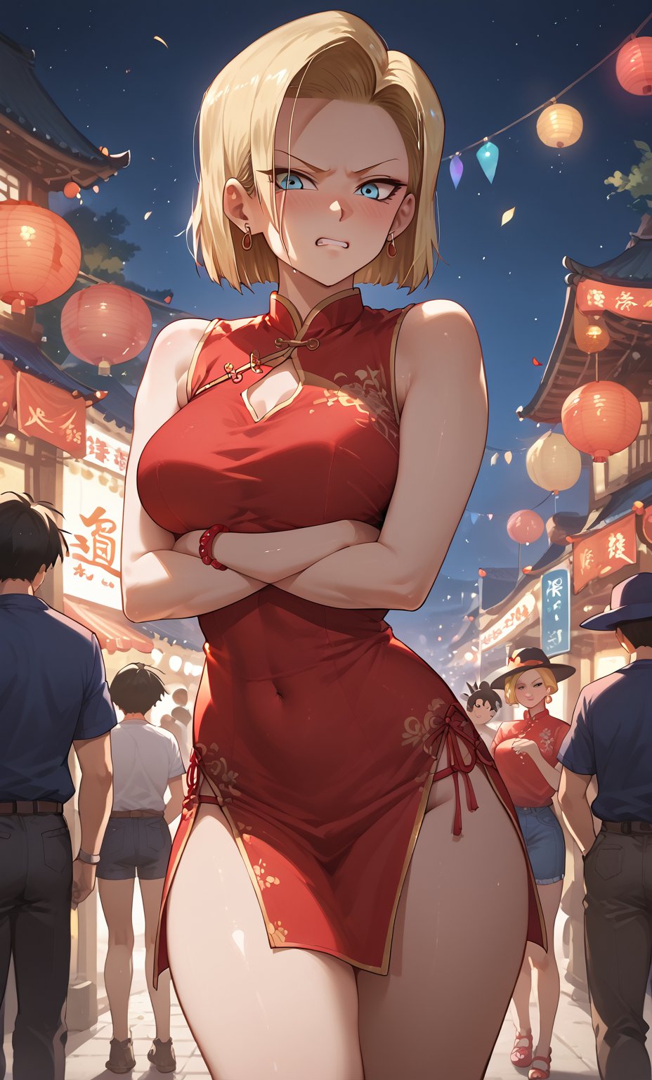 Score_9, Score_8_up, Score_7_up, Score_6_up, Score_5_up, Score_4_up, source_cartoon, perfect anatomy,
1girl, solo, red china dress, china_street, night, festival, firework, short dress,
Android18 /(Dragon Ball)/, blonde hair , blue eyes, short hair, short hair, party, angry, shy, blushing, arms crossed,