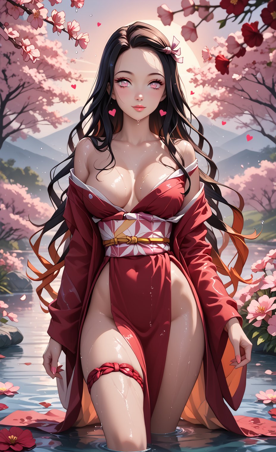 score_9, score_8_up, score_7_up, ultra detailed, 1girl, red kimono, off shoulder, solo, heart, curvy, solo, sultry look, romantic sunset, surrounded by red flowers in a flower meadow, walling in a river, wet, cherry blossom, moonlight, thigh strap, dynamic pose, Expressiveh, Kamado Nezuko /(Kimetsu no Yaiba)/, pink eyes, black hair, brown hair, two-tone hair, forehead