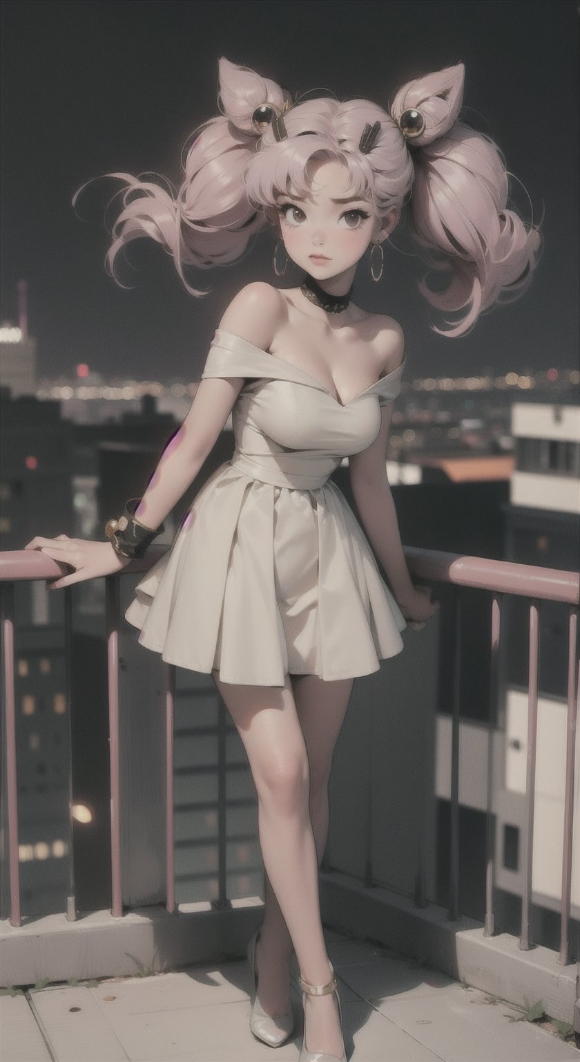 1girl, solo, breasts, dress, cleavage, closed mouth, earrings, sleeveless,
lips, casual dress, armlet, club dress, retro artstyle, city background, portrait, yofukashi background, short skirt, night city, whole body, legs, blurry_light_background,
bzsohee, rooftop, standing, off-shoulder,
dress, small breast, pink hair,
twin tails, sailor moon chibi