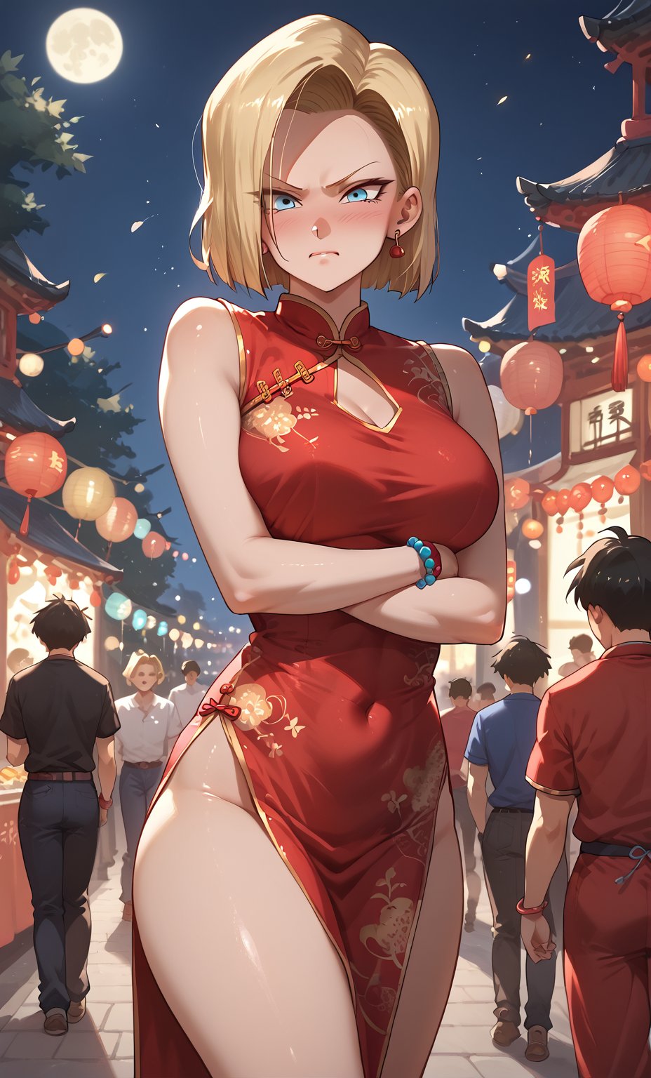 Score_9, Score_8_up, Score_7_up, Score_6_up, Score_5_up, Score_4_up, source_cartoon, perfect anatomy,
1girl, solo, ((red china dress)), china_street, night, festival, firework, short dress,
Android18 /(Dragon Ball)/, blonde hair , blue eyes, short hair, short hair, party, angry, shy, blushing, arms crossed,