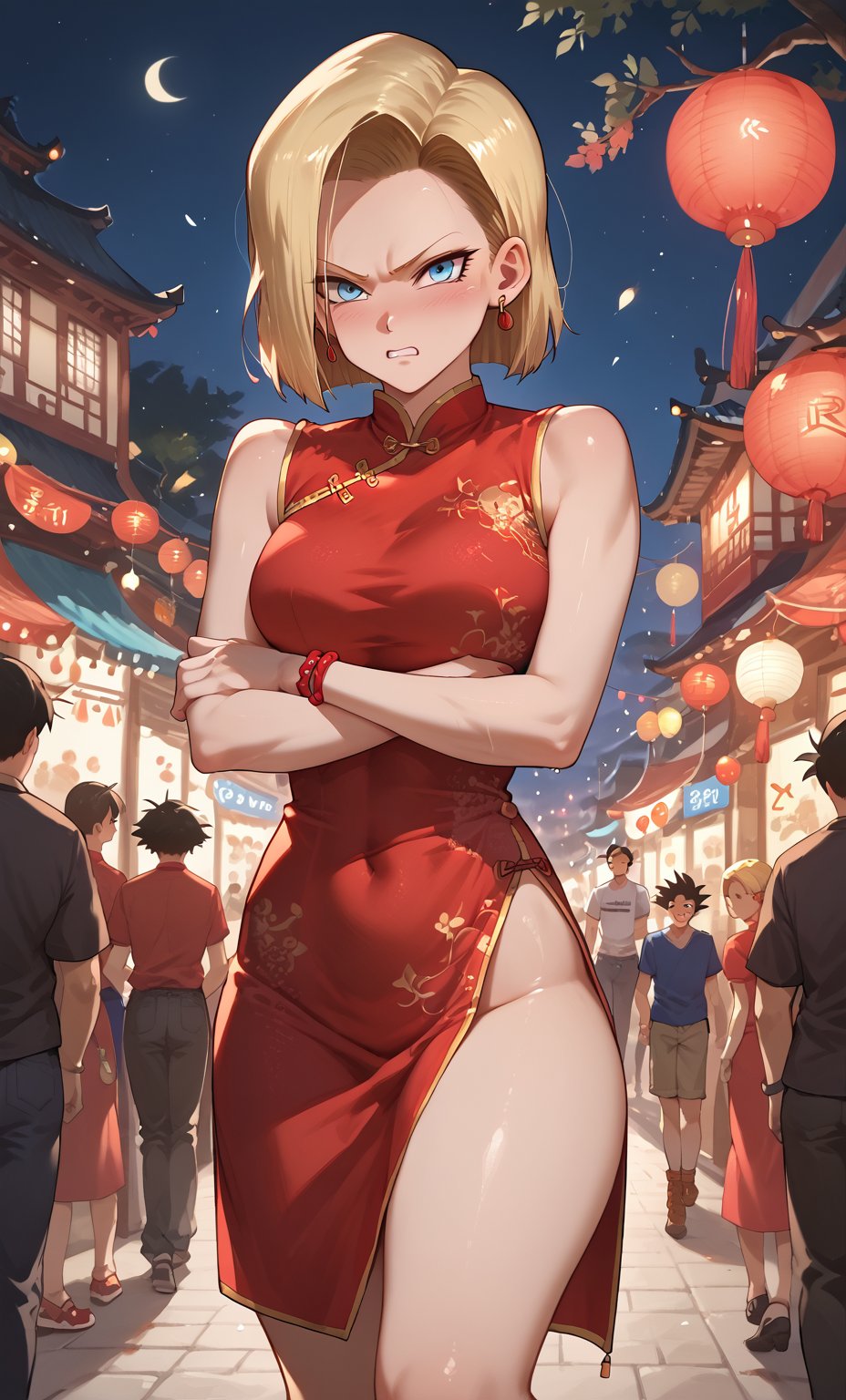 Score_9, Score_8_up, Score_7_up, Score_6_up, Score_5_up, Score_4_up, source_cartoon, perfect anatomy,
1girl, solo, ((red china dress)), china_street, night, festival, firework, short dress,
Android18 /(Dragon Ball)/, blonde hair , blue eyes, short hair, short hair, party, angry, shy, blushing, arms crossed,