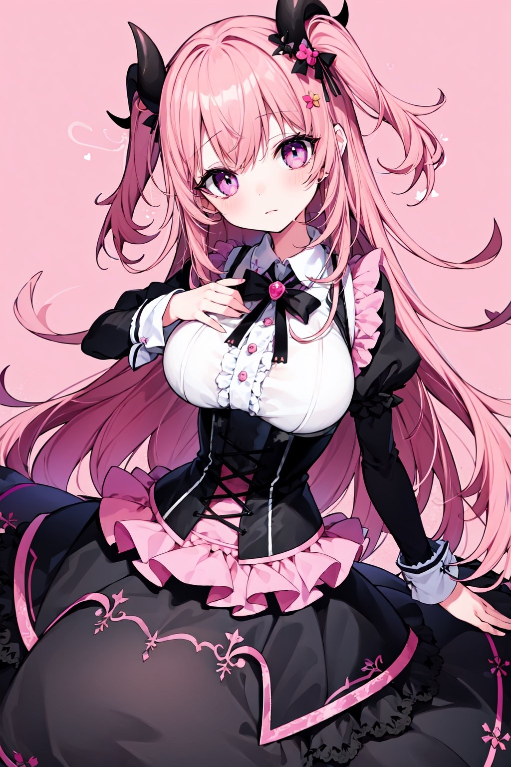 1girl, solo, (face, close-up, eye focus:0.3), eyelashes, eyeliner, head tilt,perspective, blush, dutch angle, minigirl, petite, dragon_girl, horns, lace, corset, underbust, (huge breasts:1),long straight hair, pink hair, frilled dress, petite, minigirl, (wide hips, curvy, plump:0.35), slender, sweat, slit pupils, tight clothes, impossible clothes, (dirndl:0.7), white shirt, button, gown, princess, frills, (nipples:0.6)