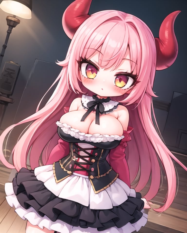 1girl, solo, (face, close-up, eye focus:0.3), eyelashes, eyeliner, head tilt,perspective, blush, dutch angle, minigirl, petite, dragon_girl, horns, lace, corset, underbust,long straight hair, pink hair, frilled dress, petite, minigirl, large breasts, (wide hips, curvy, plump:0.35), slender, 