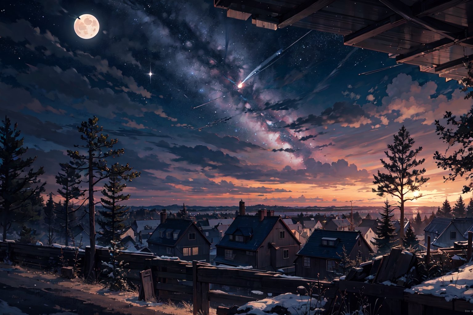 Photo of a calm village without any life,  lots of lush trees and dense bushes,  village,  countryside,  wooden houses, no human,  scenery,  natural views,  photo in midnight,  amazing sky,  sparkling stars,  beautiful night sky,  moon,  comets,  HDR,  film grain,  (),  mirrorless,  Nikon Z8,  Nikon Z lens,  (outdoor),  (),  (),  (vignette effect),  (),  (),  (dark moody),  (night atmosphere),  (hyperrealism:1.5),  (masterpiece:1.0),  extremely-ultra-hd,  hyperrealistic style,  texture,  realistic photo,  8k,  raw photo,  realistic texture,  extremely realistic,  50mm f2,  professional photography,  realistic photograph,  (night),  (realistic texture),  (playful shadow),  silhouettes,  (),  (soft lighting),  (aesthetic:1.5),  (intricate detailed),  (professional photographer),  (photorealistic),  ultra wide, fantasy theme,  full moon